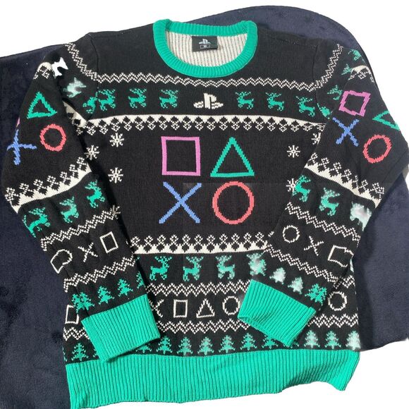 New Geeknet PlayStation Symbols Ugly Christmas Holiday Sweater Size Medium Rare - Picture 1 of 6